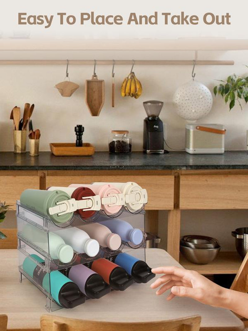 Water Bottle Organizer - 3 Pack Clear Stackable Bottle Storage Rack and Wine Rack for Bottles and Other Tumbler Organizer for Kitchen Cabinets, 3 Tier Hold 12 Home Organizer