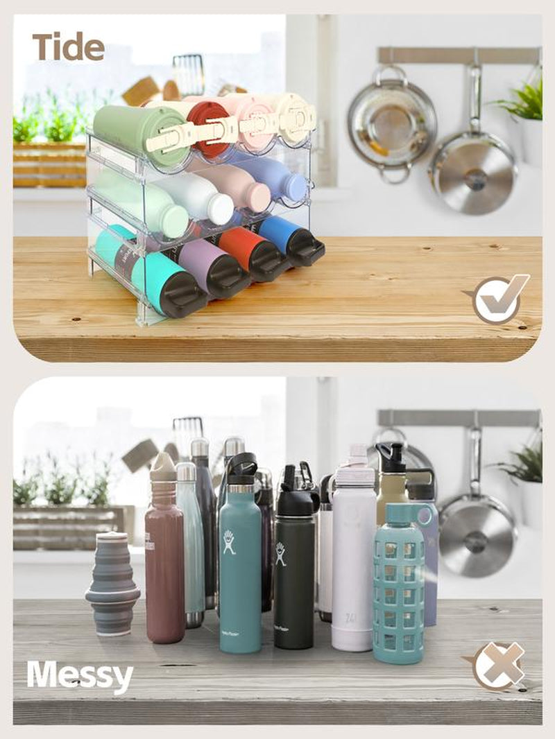 Water Bottle Organizer - 3 Pack Clear Stackable Bottle Storage Rack and Wine Rack for Bottles and Other Tumbler Organizer for Kitchen Cabinets, 3 Tier Hold 12 Home Organizer