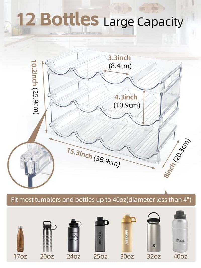 Water Bottle Organizer - 3 Pack Clear Stackable Bottle Storage Rack and Wine Rack for Bottles and Other Tumbler Organizer for Kitchen Cabinets, 3 Tier Hold 12 Home Organizer