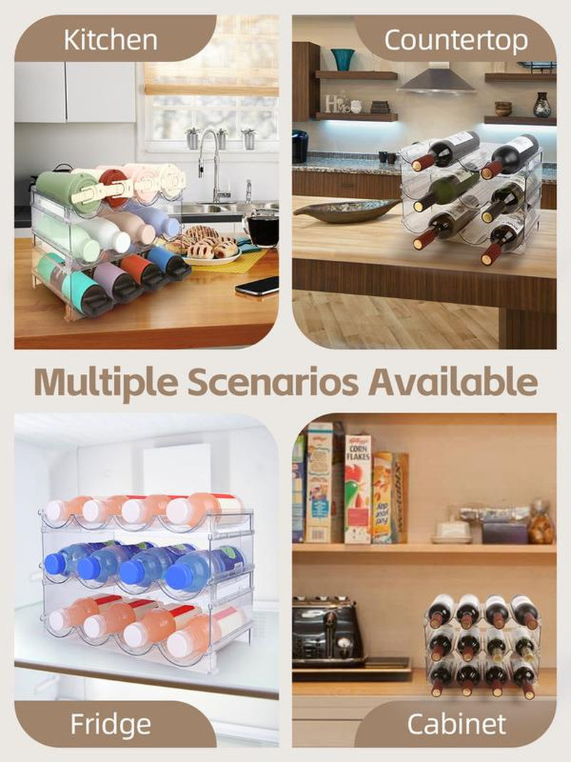 Water Bottle Organizer - 3 Pack Clear Stackable Bottle Storage Rack and Wine Rack for Bottles and Other Tumbler Organizer for Kitchen Cabinets, 3 Tier Hold 12 Home Organizer